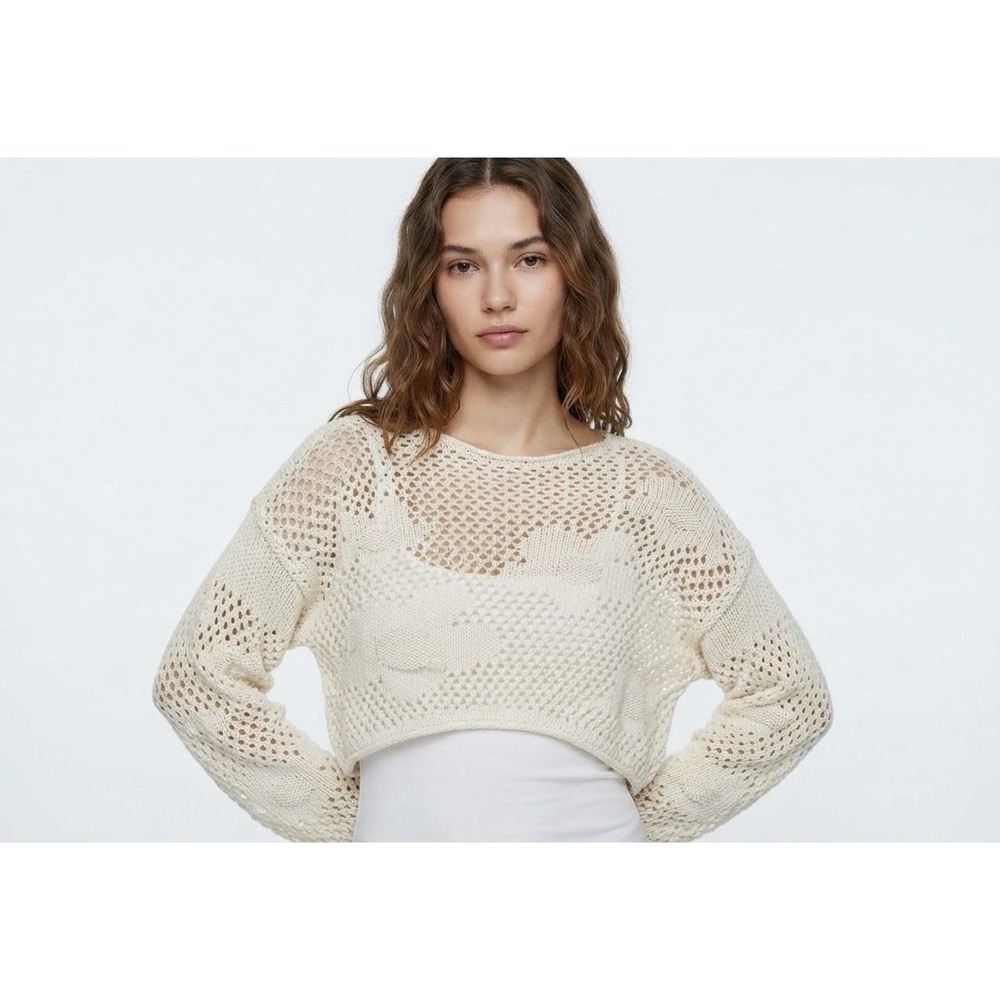 Zara Open Knit Cropped Sweater Medium M Off White Ecru Hollow Out Long Sleeve